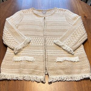 Chico's Cream Fringe-Trim Knit Cardigan.
Chico size one